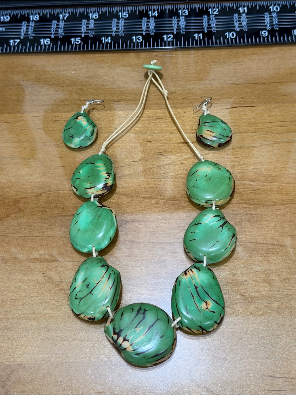 Artisan Tagua Nut Statement Necklace and Earrings Set-Green Vegetable Ivory Boho